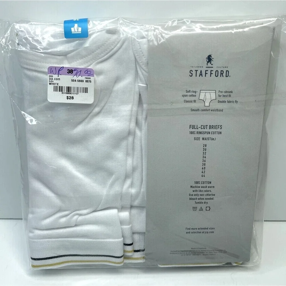 Vintage Stafford Full-Cut White Cotton Briefs 6 Pair Men's Underwear Size 38 JCP